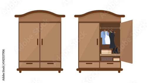 Set of wooden cupboards in cartoon style. Vector illustration of closed and open wardrobe with clothes on hangers and shoes for home interiors on white background.