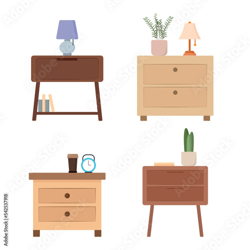 Set of wooden nightstand in cartoon style. Vector illustration of nightstand with flowerpots, lamps, books, clocks for home interiors on white background.