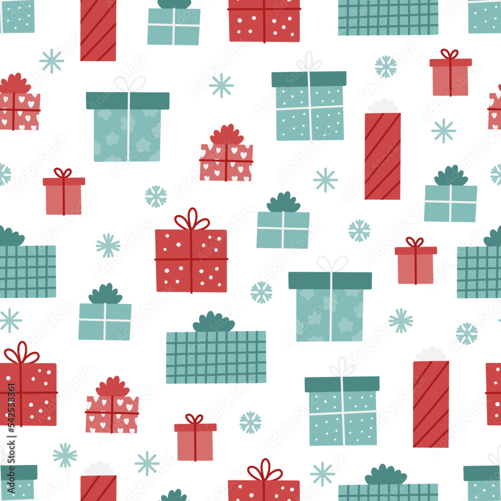 Seamless pattern with Christmas and New Year presents on white background. Cartoon gift boxes. Funny cartoon style. Vector childish background.
