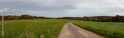 Empty narrow road in the middle of autumn fields. Panoramic village landscape in North Rhine Westphalia in Germany.