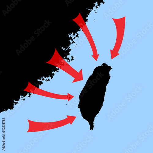 Taiwan and Taiwanese country is attacked and invaded by China. Map and arrows as metaphor for invasion and military offensive attack. Vector illustration.