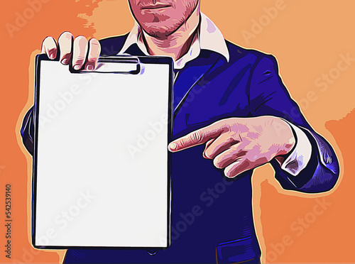 businessman in a dark blue suit shows a finger on a blank tablet with a clip on a yellow background, mockup