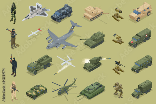 isometric Military Transport. Military rocket salvo fire system, air transport, Multiple rocket launcher, helicopter, unmanned combat aerial vehicle, rocket salvo fire system, war drone. photo