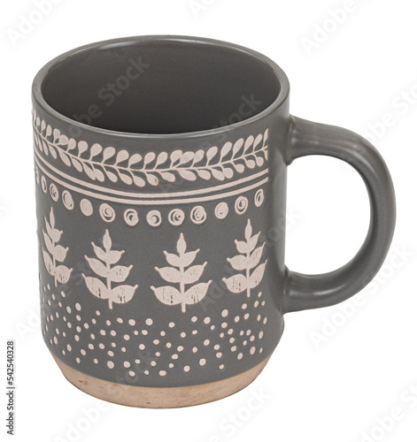 Gray earthenware mug with a stylized Christmas tree ornament.