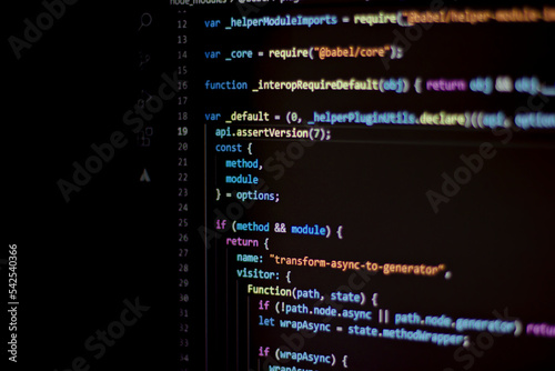 Frontend Code background. Javascript language coding is on the screen. 