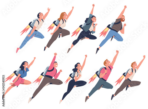 Happy People Character with Jetpack Flying Propelling Through the Air Vector Set