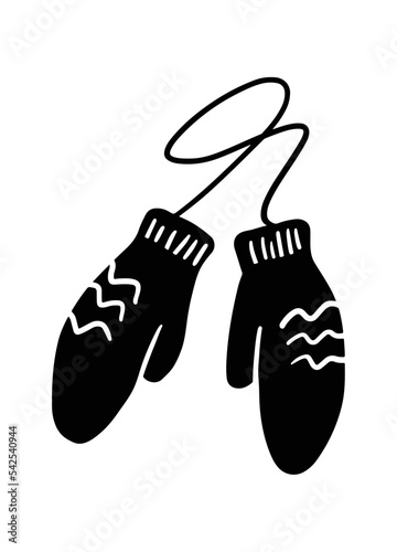 Hand accessory. Warm winter mittens with a pattern. Silhouette of mittens in the style of cartoon graphics. Clothing to keep hands warm in cold weather. Hanging mittens so they don't get lost.