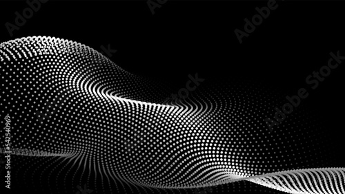 Wave of flowing particles on a dark background. Abstract backdrop with dynamic elements of waves and dots. Vector