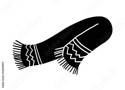 Neck accessory for outerwear. Warm winter scarf with a pattern and tassels at the ends. Scarf silhouette in cartoon graphic style.