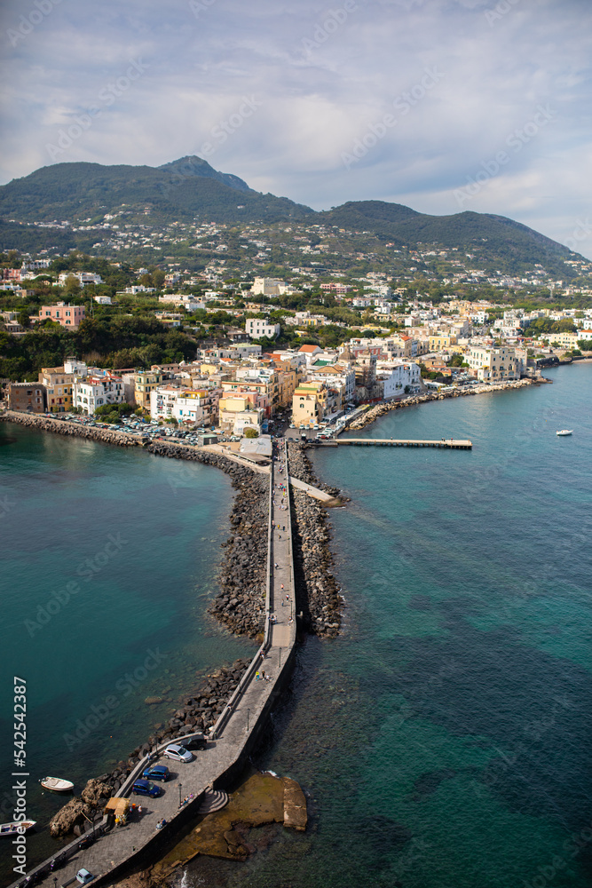 Landscape with the  village and the sea, the coast of Ischia, Italy