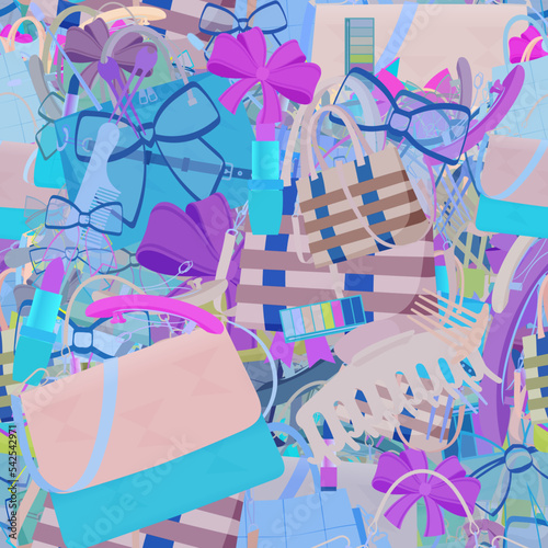 Background pattern abstract seamless design texture. Theme is about adornment, girl, shopping, handle, handbag, makeup, hairpin, glamour, tones, Tote, leather, ribbons, accessories, pomade