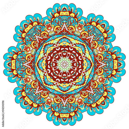 Mandala. Tracery wheel image. Mehndi design. Ethnic doodle art. Curved doodling picture. Vector