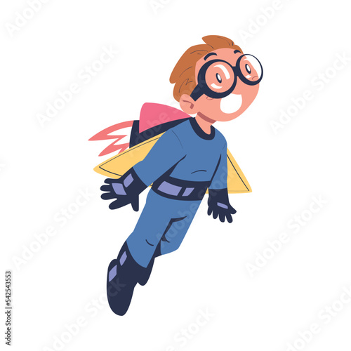 Excited Boy Character with Jetpack Flying Propelling Through the Air Vector Illustration