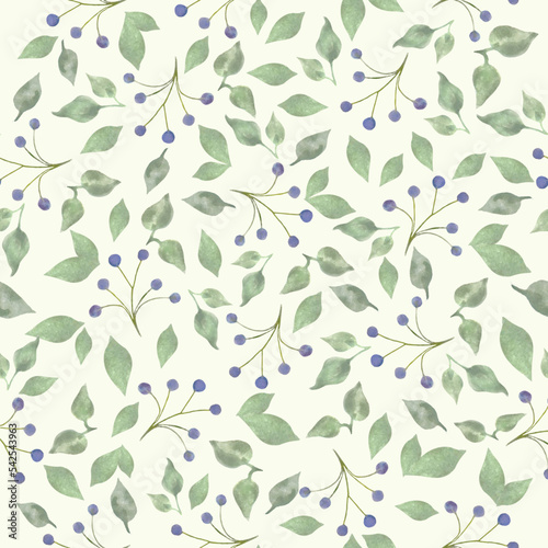 Watercolor seamless pattern with abstract blue berries, green leaves, branches. Hand drawn floral illustration isolated on white background. For packaging, wrapping design or print.