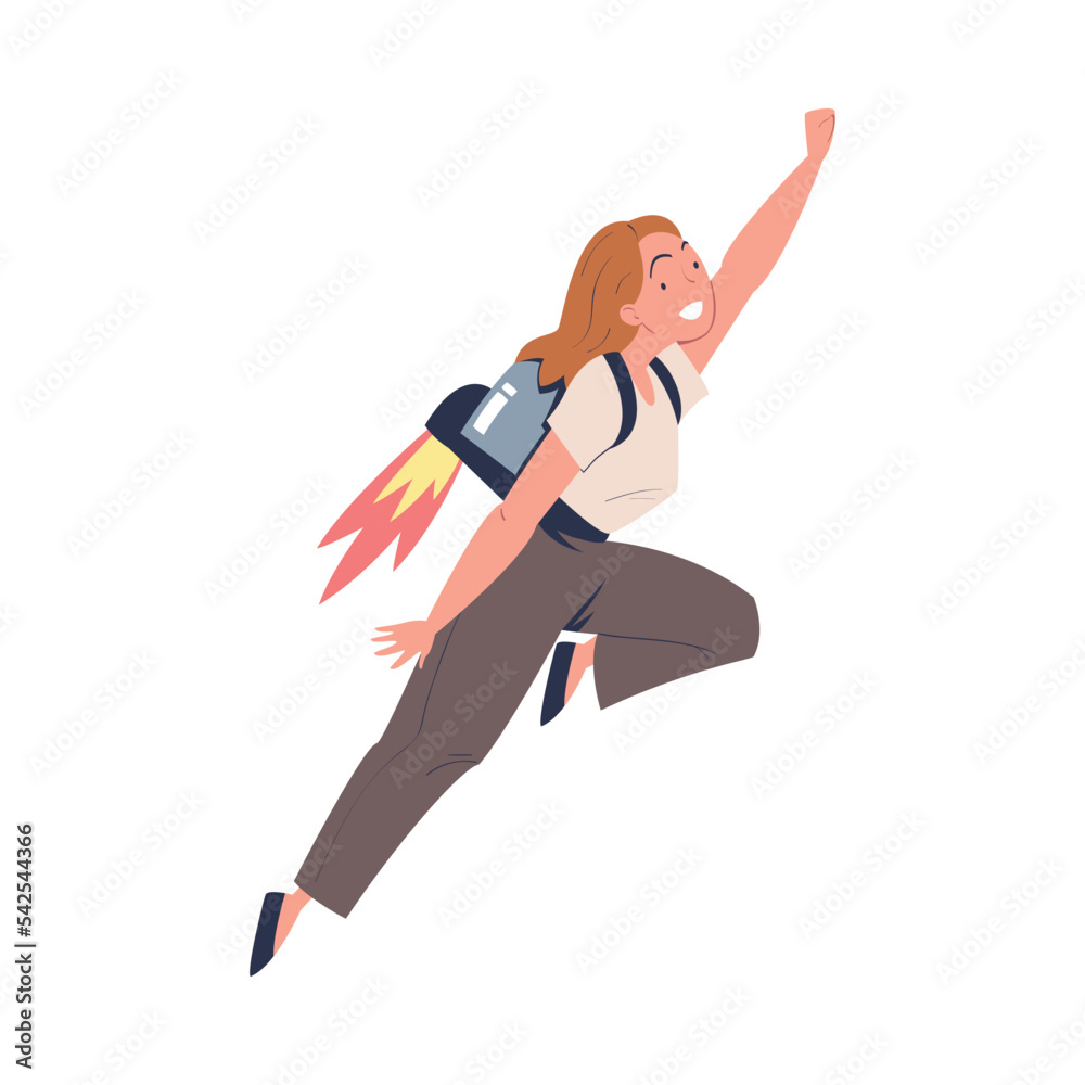 Fototapeta premium Happy Woman Character with Jetpack Flying Propelling Through the Air Vector Illustration