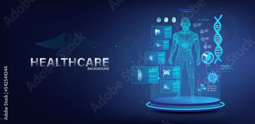 Sci-fi healthcare banner - stage and 3D human hologram with HUD interface. Complete medical research with AI. Modern medical examination of the whole body. Xray, dna, mri and other. Medical HUD banner