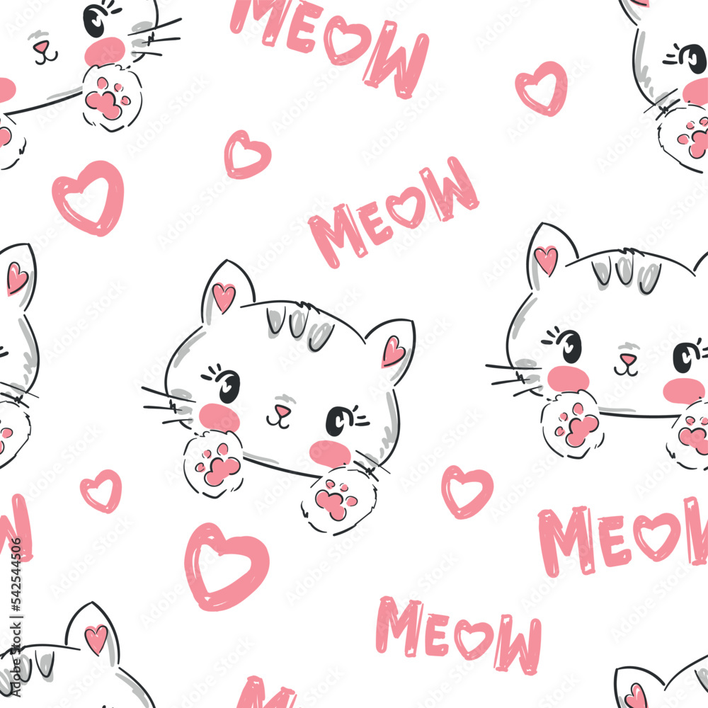 Hand Drawn cute cat vector illustration seamless pattern, children print design, sketch cat and Meow Hand Drawn cute cat vector illustration seamless pattern, children print design, sketch cat and Meow