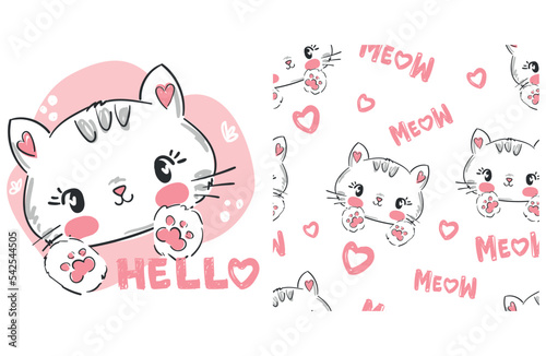 Hand Drawn cute cat vector illustration seamless pattern, children print design, sketch cat and Meow