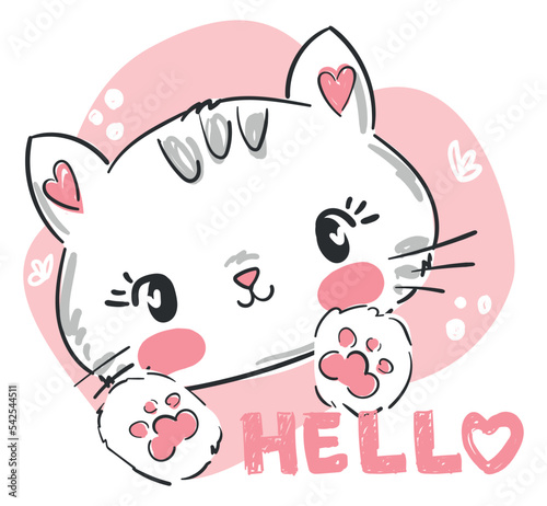 Hello Cat cute kids print Print T-shirt Poster Design For nursery And Kids Clothes Vector illustration