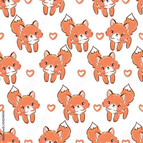 Hand Drawn Fox and heart Vector pattern seamless trendy print, woodland design for fabric textile