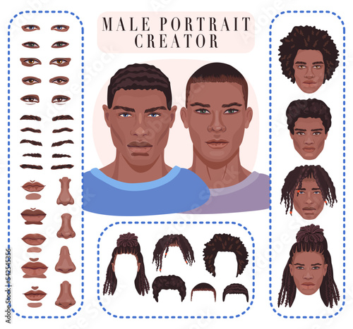 Male face constructor. Generator of realistic portrait. Handsome African man avatar creator with detailed eyes, nose, lips and various hairstyles. 