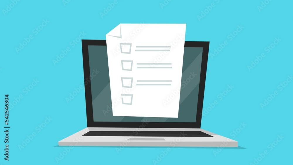 Animation of opening laptop with test document showing on screen. The test have all correct answers. Animation is in flat design cartoon style.