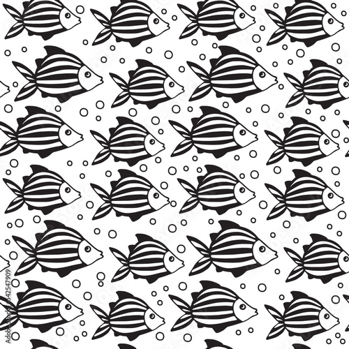 Seamless pattern with black and white fishes on a white background. Vector.