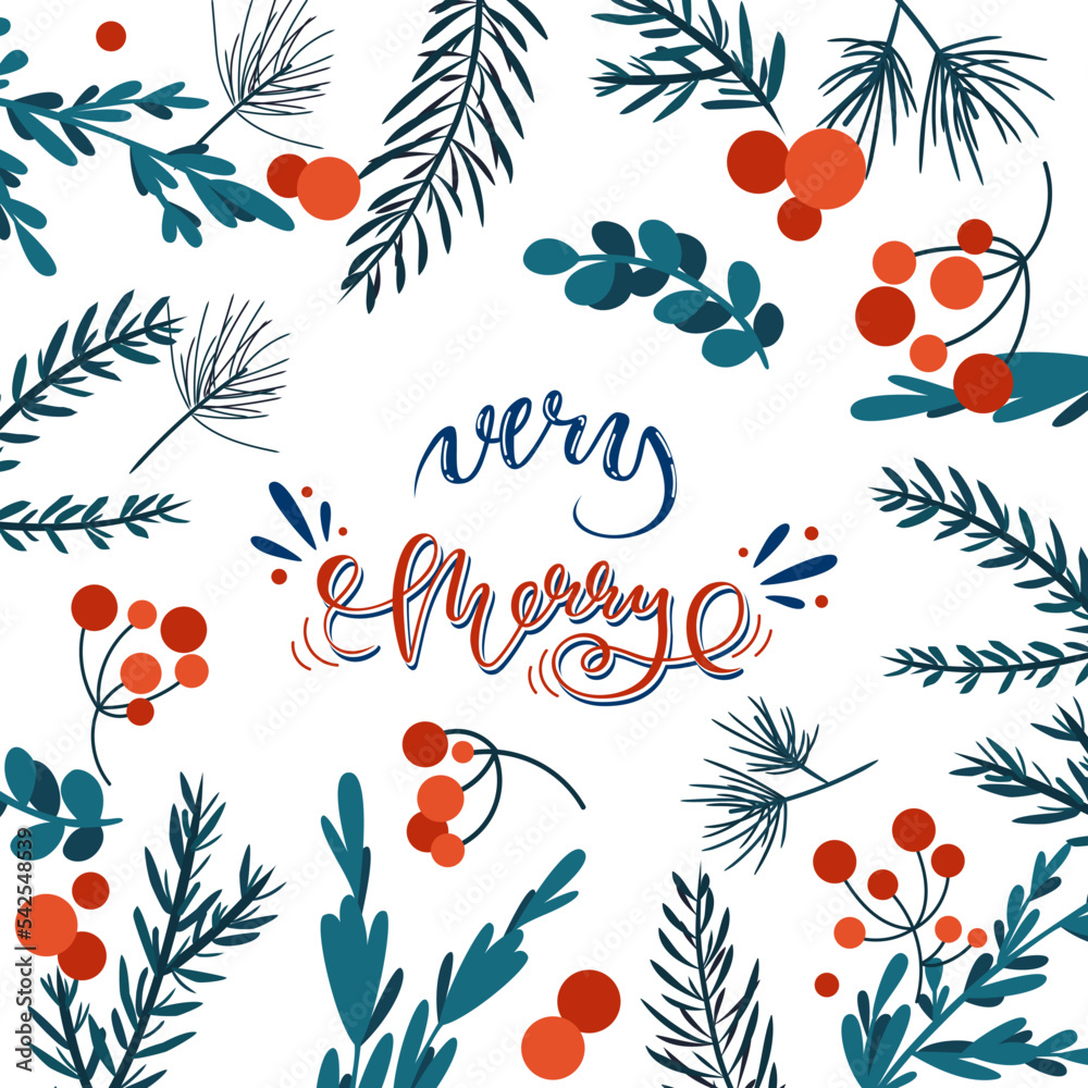 Winter greeting card with floral ornament. Border with evergreen branches, berries and mistletoe. Happy holidays wishes for season greetings, banners and cards. Vector illustration. 