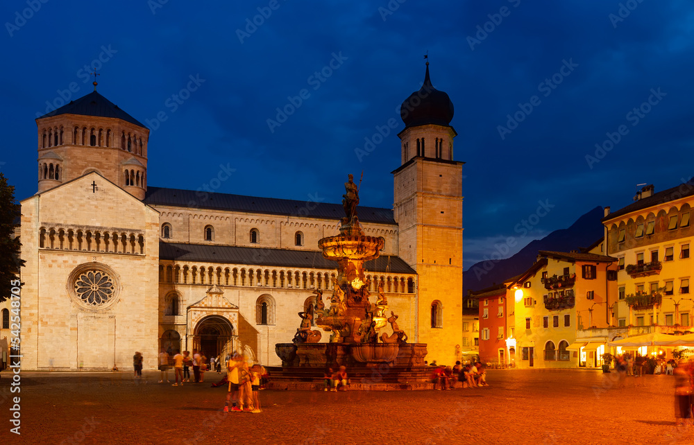 Nettuno Fountain in Duomo square and Civic tower. Trento. Italy. High quality photo