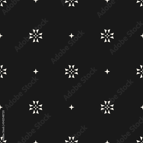 Vector minimalist floral background. Simple geometric seamless pattern with tiny flower silhouettes, small stars, crosses. Subtle dark monochrome abstract texture. Black and white repeat geo design
