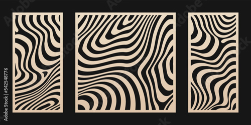 Laser cut panel set. Vector stencil with abstract geometric pattern, wavy lines, curves, ripple surface. Modern swatch for laser cutting of wood, metal, acrylic panel, engraving. Aspect ratio 1:1, 1:2