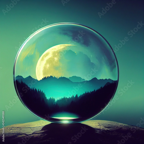 a beautiful illustration of a moon inside a round glass jar