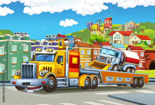 cartoon tow truck driving with load other car in the city © honeyflavour