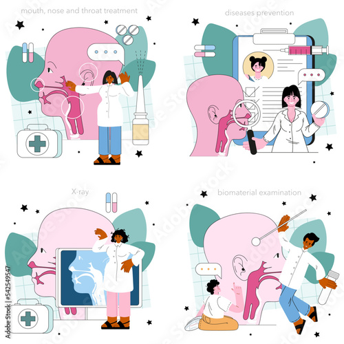 Otorhinolaryngologist concept set. ENT doctor treating patient nose,