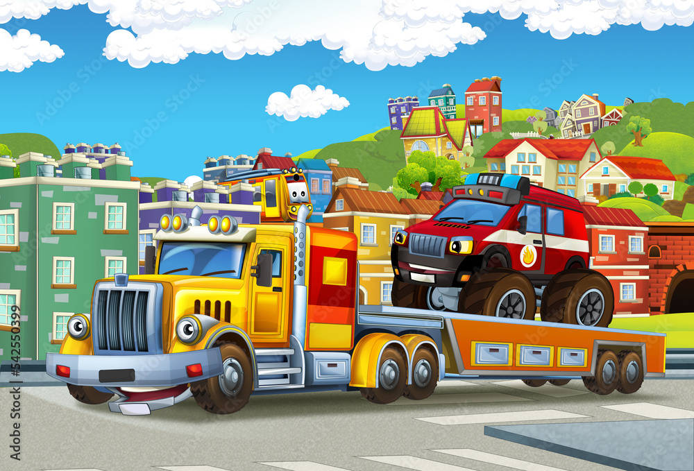 cartoon tow truck driving with load other car in the city