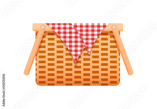 Empty woven basket with gingham picnic blanket. Hand wicker willow or bamboo hamper with handles isolated on white background. Vector cartoon illustration.