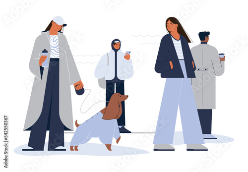 Characters wearing warm autumn or winter clothing. Collection of people