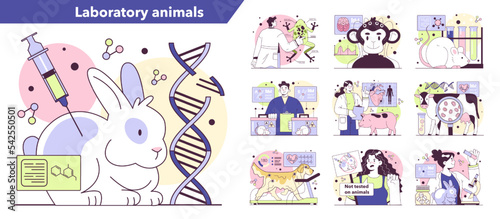 Animal testing concept set. Genetic engineering and modification