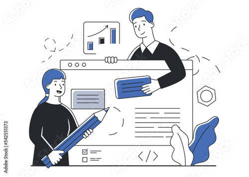 Creative writing concept. Modern technologies and digital world. Creative individuals create interface for programs and applications, develop ui and UX design. Cartoon flat vector illustration