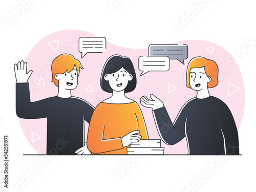 Friends meeting concept. Man and girls communicate and interact. Students greet each other. Poster or banner for website. Characters share rumors and gossip, news. Cartoon flat vector illustration