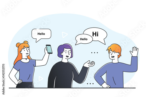 Greeting to new users. Friendly and welcoming characters in chat. Modern technologies and digital world. Communication in social networks and instant messengers. Cartoon flat vector illustration