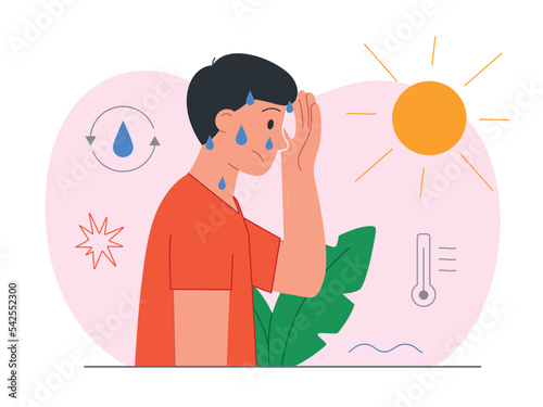 Heat stroke concept. Young guy sweats and suffers from hot weather. Character in summer. Poster or banner for website. Man does not have enough water in body. Cartoon flat vector illustration