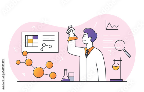Male scientist concept. Man in medical coat with test tube in his hands. Character analyzes substances. Chemical and biological experiment. Person in laboratory. Cartoon flat vector illustration