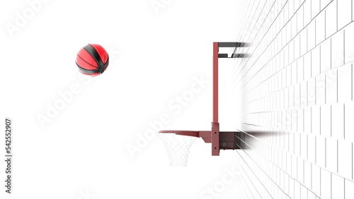 Black-red basketball and basketball plate on black brick block wall under spot lighting background. 3D illustration. 3D high quality rendering.