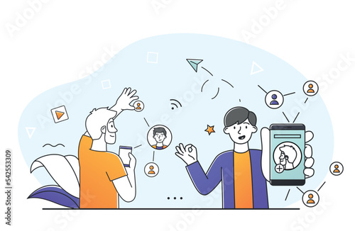 Social app concept. Men with smartphones communicate on Internet and messengers. Modern technologies and digital world, friendly correspondence. Poster or banner. Cartoon flat vector illustration