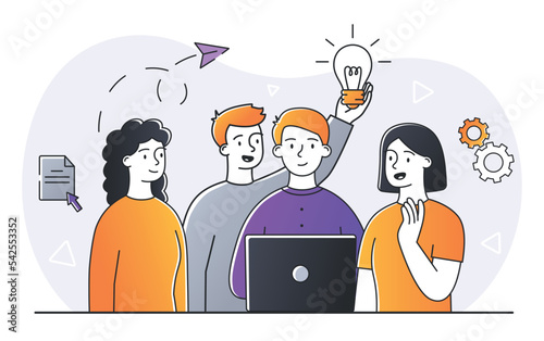 Team work concept. Group of people standing with laptop and looking at screen. Partners monitor their common success. Collaboration and cooperation, coworking. Cartoon flat vector illustration