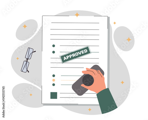 Document approval concept. Character puts stamp on paper. Legalization and legal support, company hires employee, concludes agreement or deal. Notary or clerk. Cartoon flat vector illustration