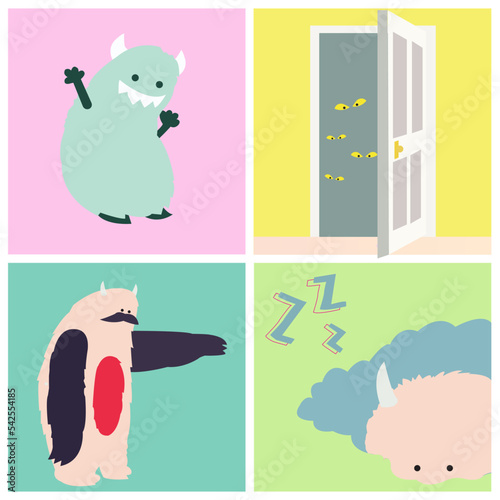 Conjunto de ilustraciones dibujadas a mano de lindos monstruos a todo color.