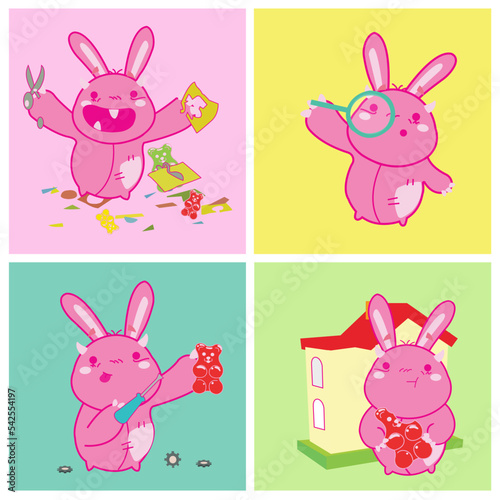 Conjunto de ilustraciones dibujadas a mano de lindo conejo jugando a todo color.