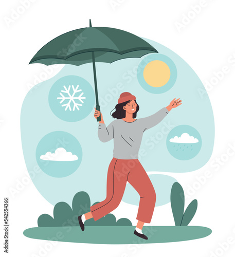 Spring weather concept. Woman runs down street with umbrella and rejoices. Positivity and optimism, seasons. Poster or banner for website. Young girl outdoor. Cartoon flat vector illustration